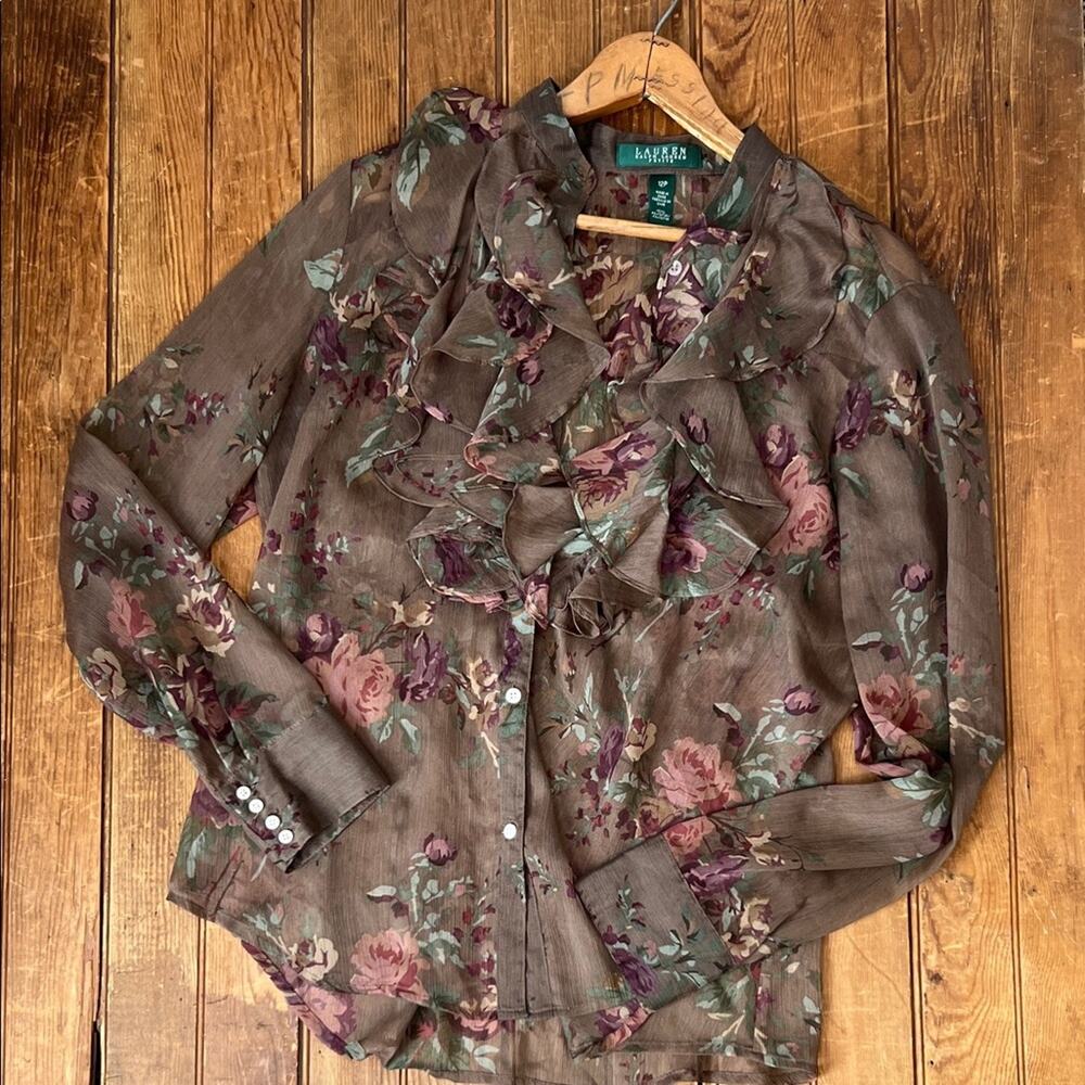 Ralph Lauren Floral Ruffle Blouse top romantic feminine Brown and Purple